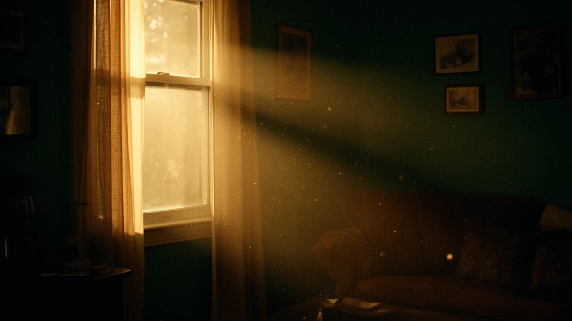 Cinematic still — warm light through a window